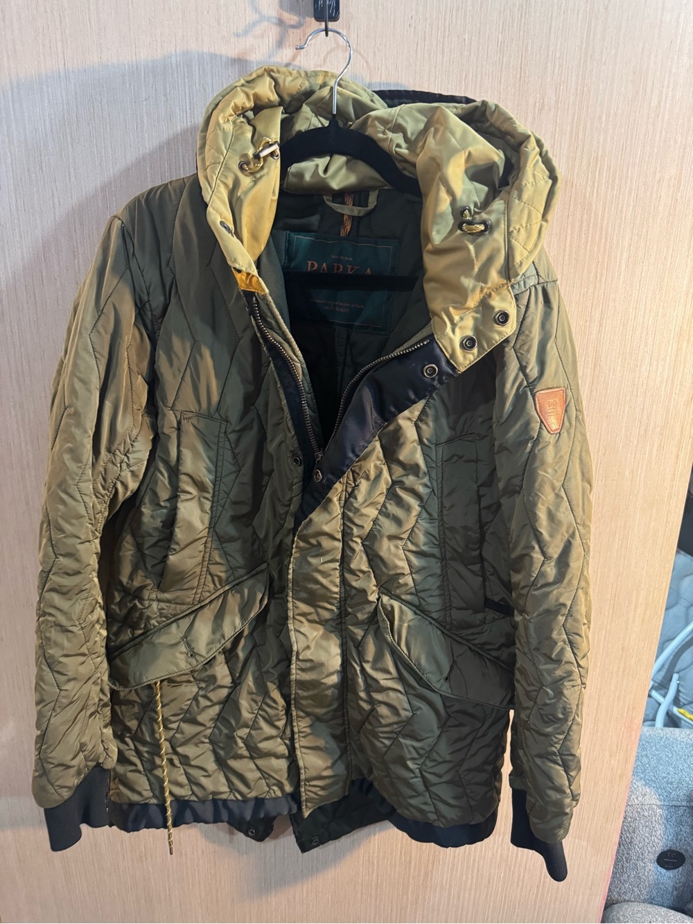 Men’s Scotch & Soda Olive Green Quilted Hooded Puffer Parka Jacket Size Large